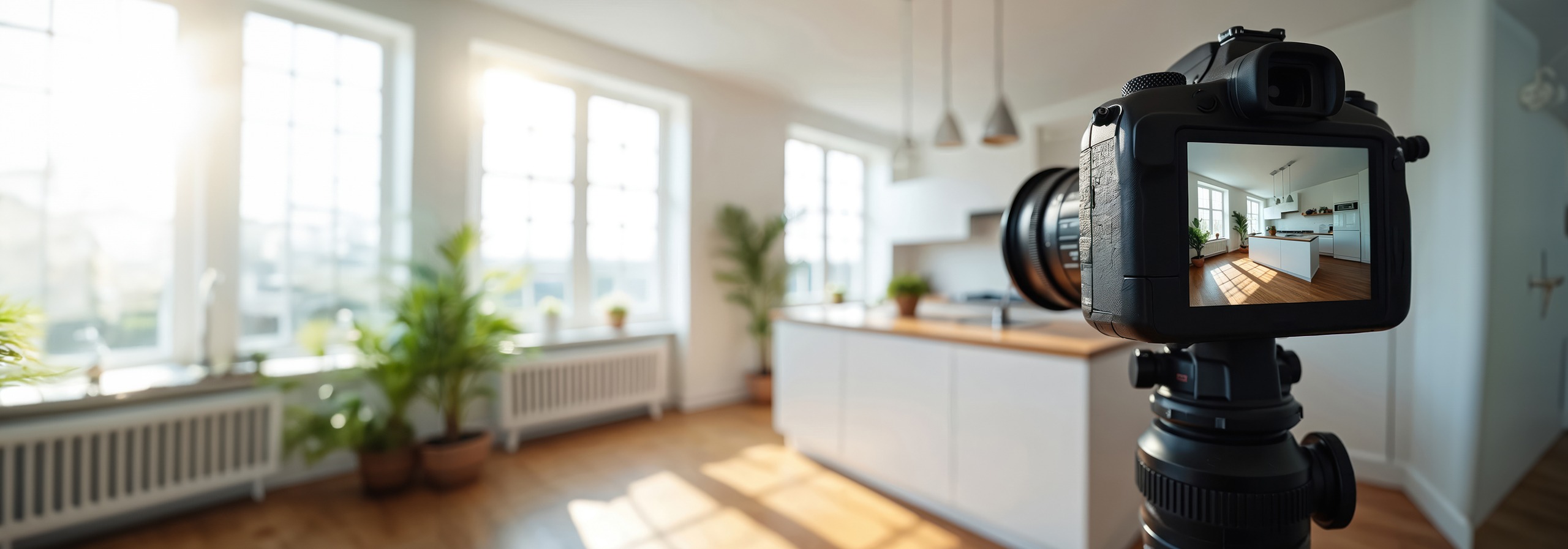 Camera shoots modern white kitchen. Professional real estate photo captures interior design. Bright windows light room. Home staging for sale.